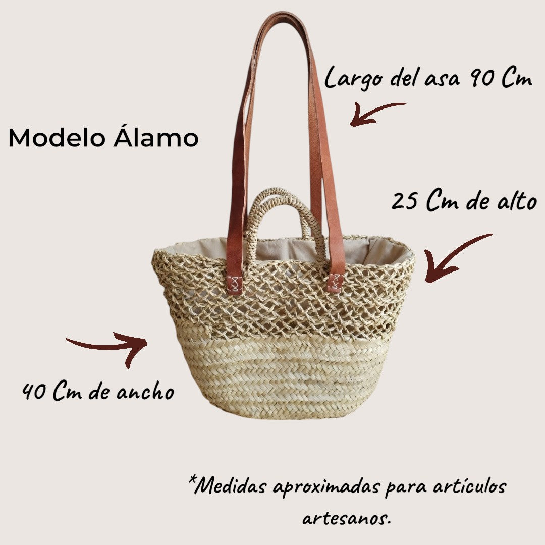 Capazo Álamo de Enea con forro y doble asa, mostrando sus medidas y diseño en la imagen.