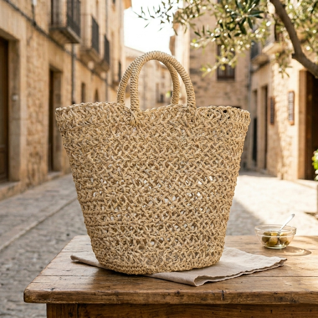 Capazo Sangin Enea Rejilla con base de palma de Commerly, muestra el bolso de mimbre con estructura de rejilla y base de palma natural.