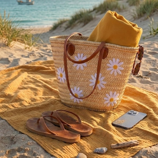 Cesto de palma con asa de piel y diseño de hilo Margarita, bolso de mano de Commerly, ideal para verano y estilo bohemio.