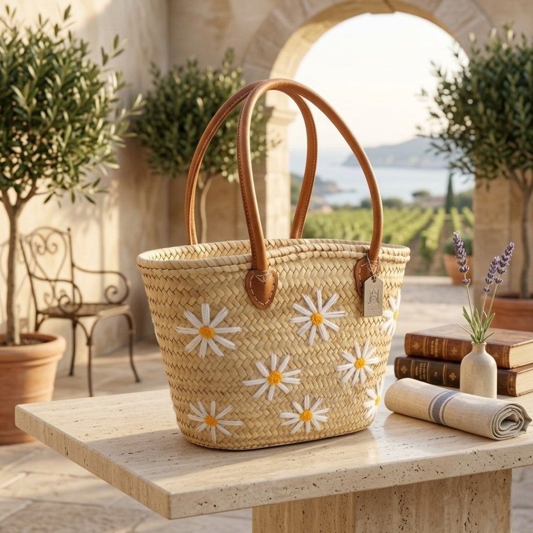 Cesto de palma hilo Margarita con asa de piel, ideal para llevar en el patio, en color natural y diseño artesanal.