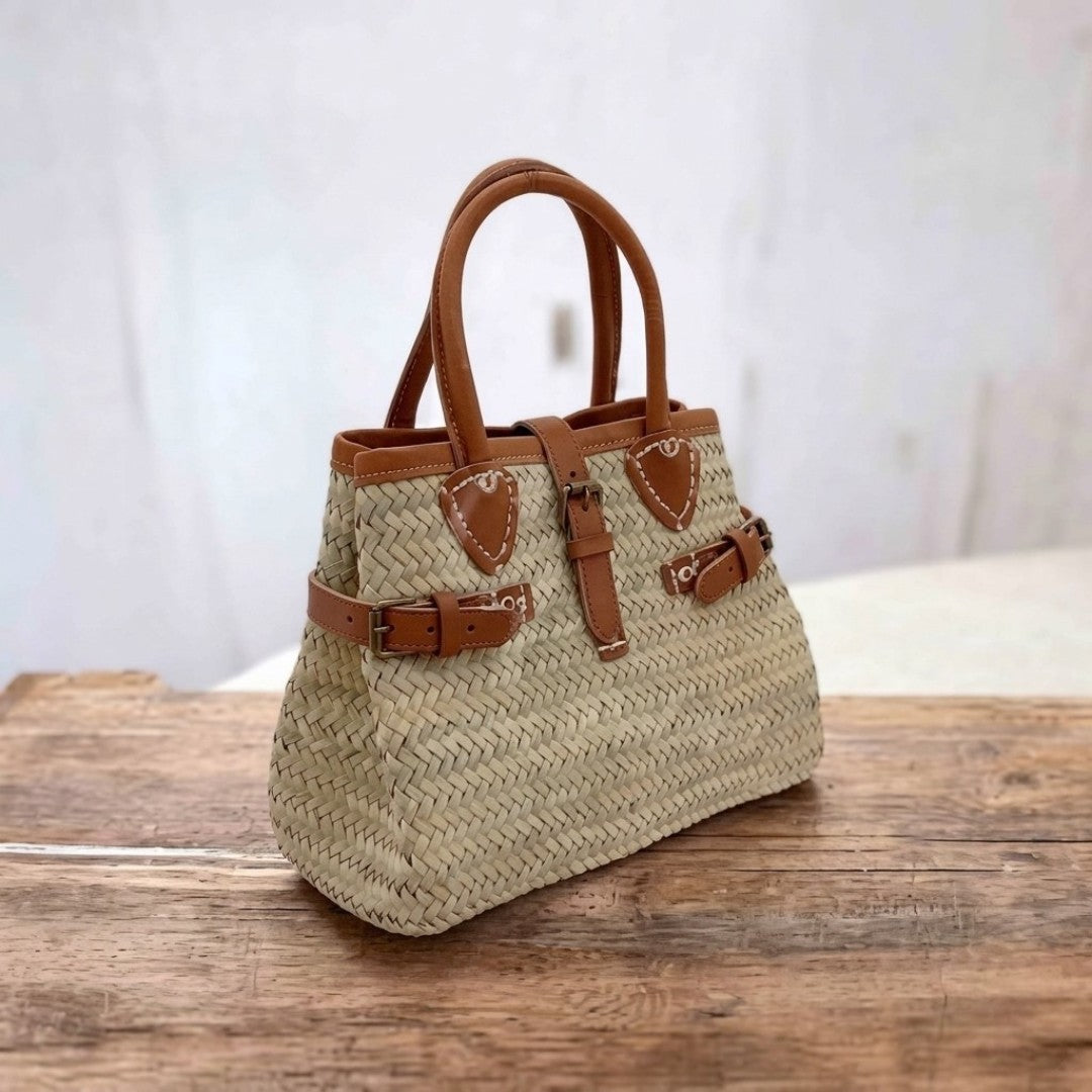 Bolso capazo de palma Mijas de Commerly con hebilla y detalles en piel, en vista frontal con asa y cierre visible.
