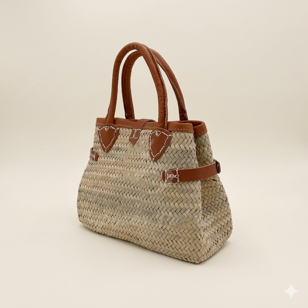 Bolso capazo de palma Mijas de Commerly con hebilla y detalles en piel, mostrando su diseño artesanal y estilo casual.
