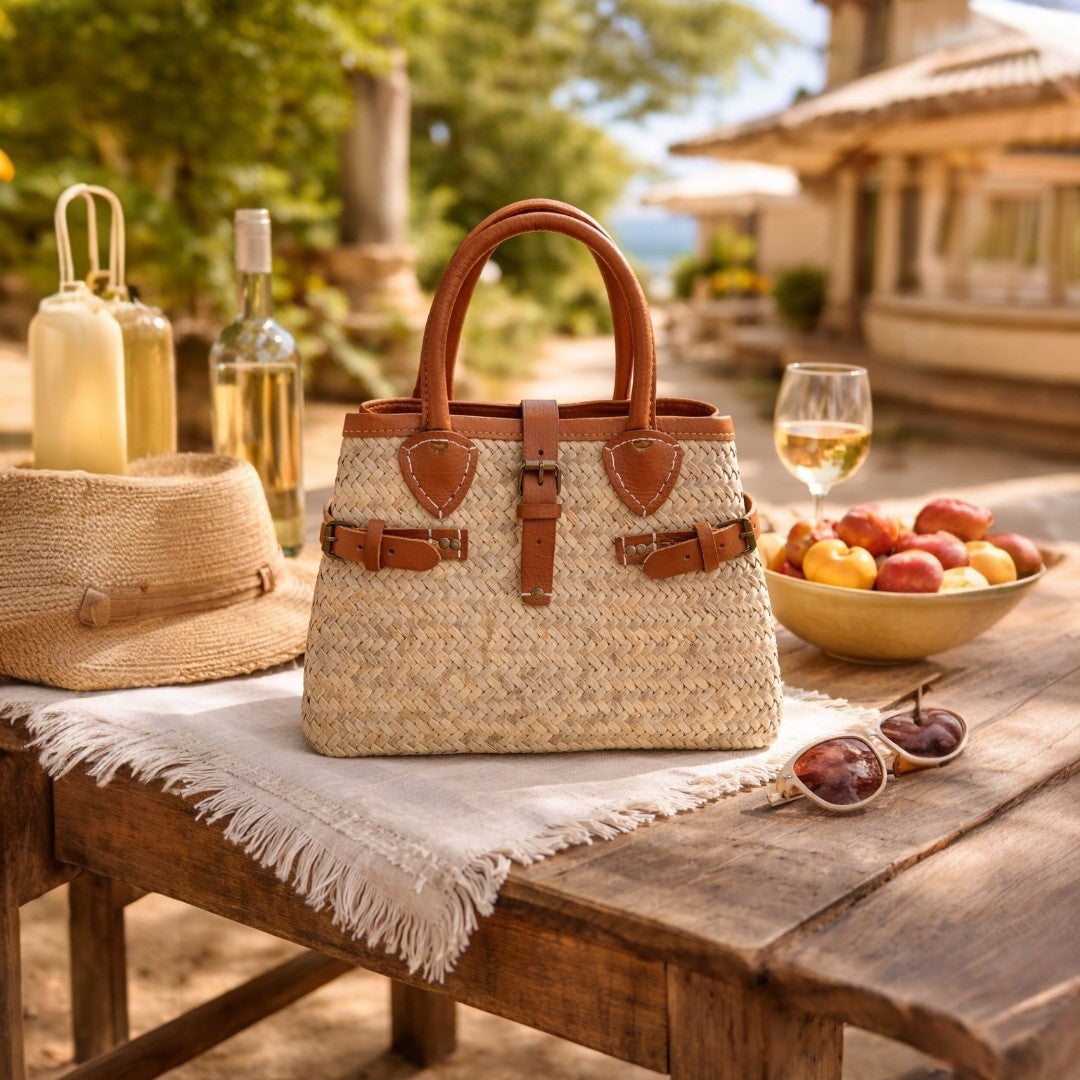 Bolso capazo de palma Mijas de Commerly con hebilla y detalles en piel, sobre mesa rústica.