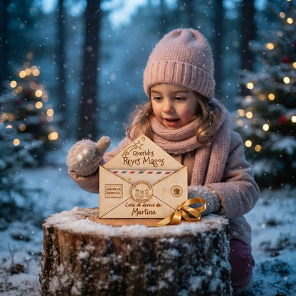 Niña sorprendida con sobre de reyes magos