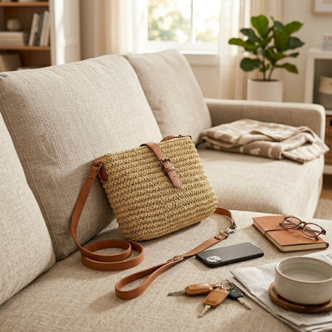 Bolso bandolera artesanal de Commerly, colocado en un sofá, con detalles de cuero y diseño único.