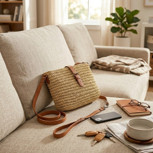 Bolso bandolera artesanal de Commerly, colocado en un sofá, con detalles de cuero y diseño único.