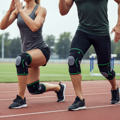 Deportistas con rodilleras verdes y negras de forma natural