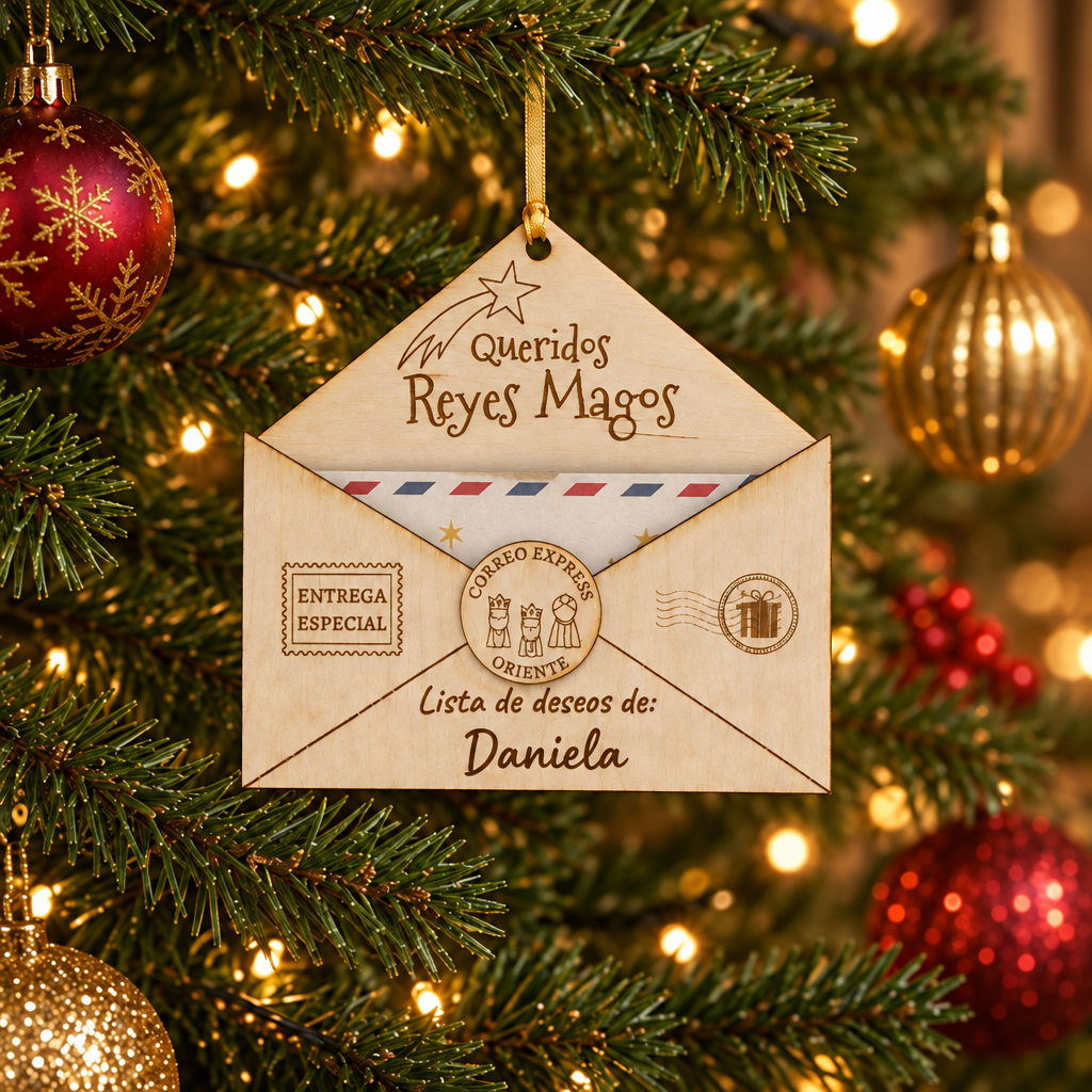 Sobre de madera para los Reyes Magos colgado en el árbol de Navidad, personalizado con el nombre Daniela