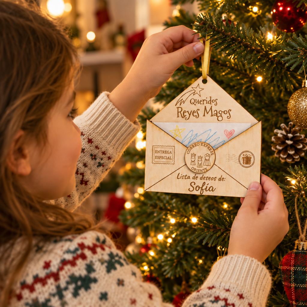 Niña colgando en el árbol un sobre de madera para los Reyes Magos personalizado con el nombre Sofía